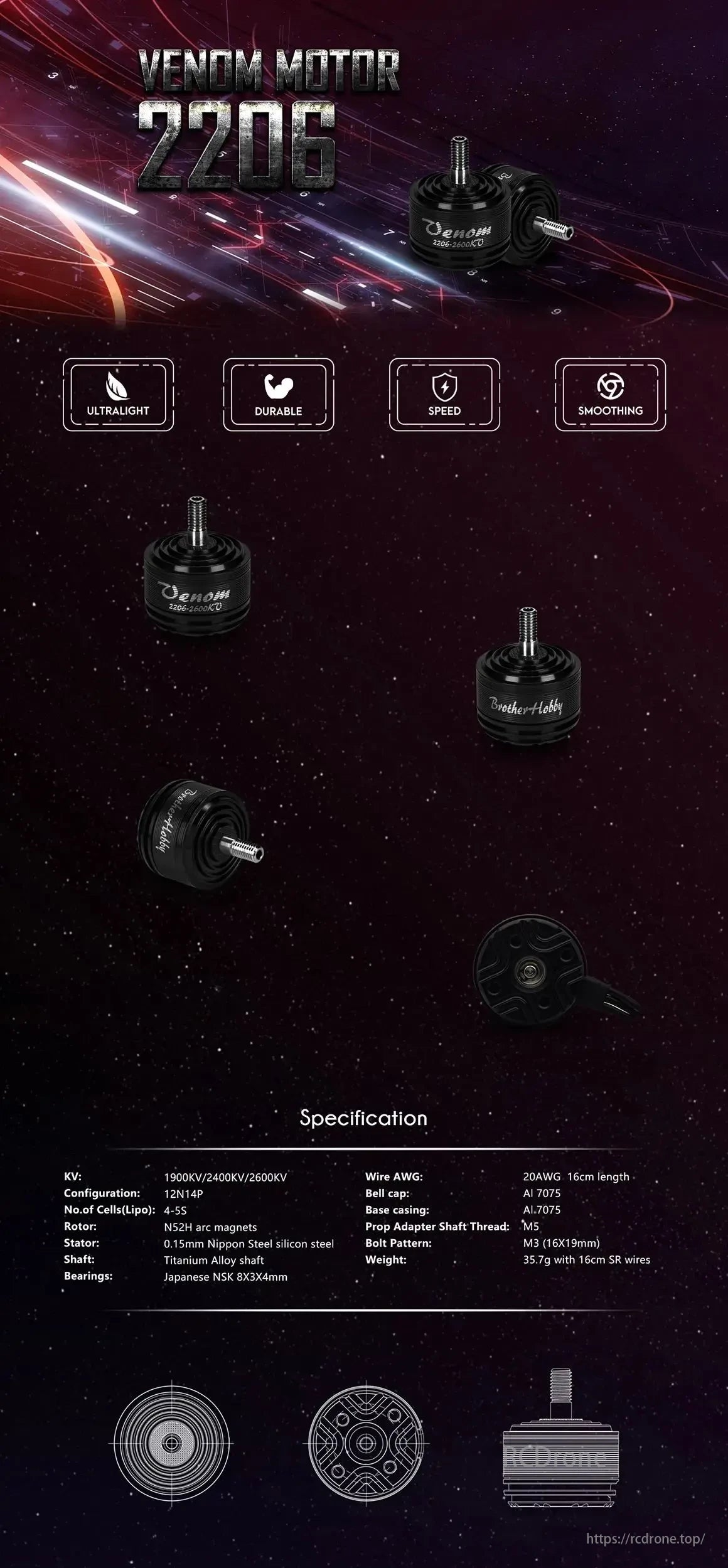 Venom 2206 Motor: Ultralight, durable, high-speed, smooth. 1900-2600KV, 12N14P, N52H magnets, 0.15mm stator, titanium shaft, Japanese bearings. 35.7g with wires.