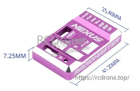 RadioMaster Nexus case dimensions: 41.20 mm x 25.40 mm x 7.25 mm (purple aluminum housing)