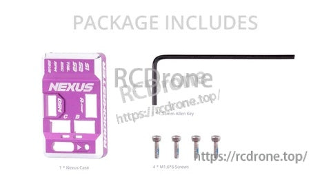 Package contents: Nexus aluminum flight controller case, 1.5 mm Allen key, and four M1.6×5 screws