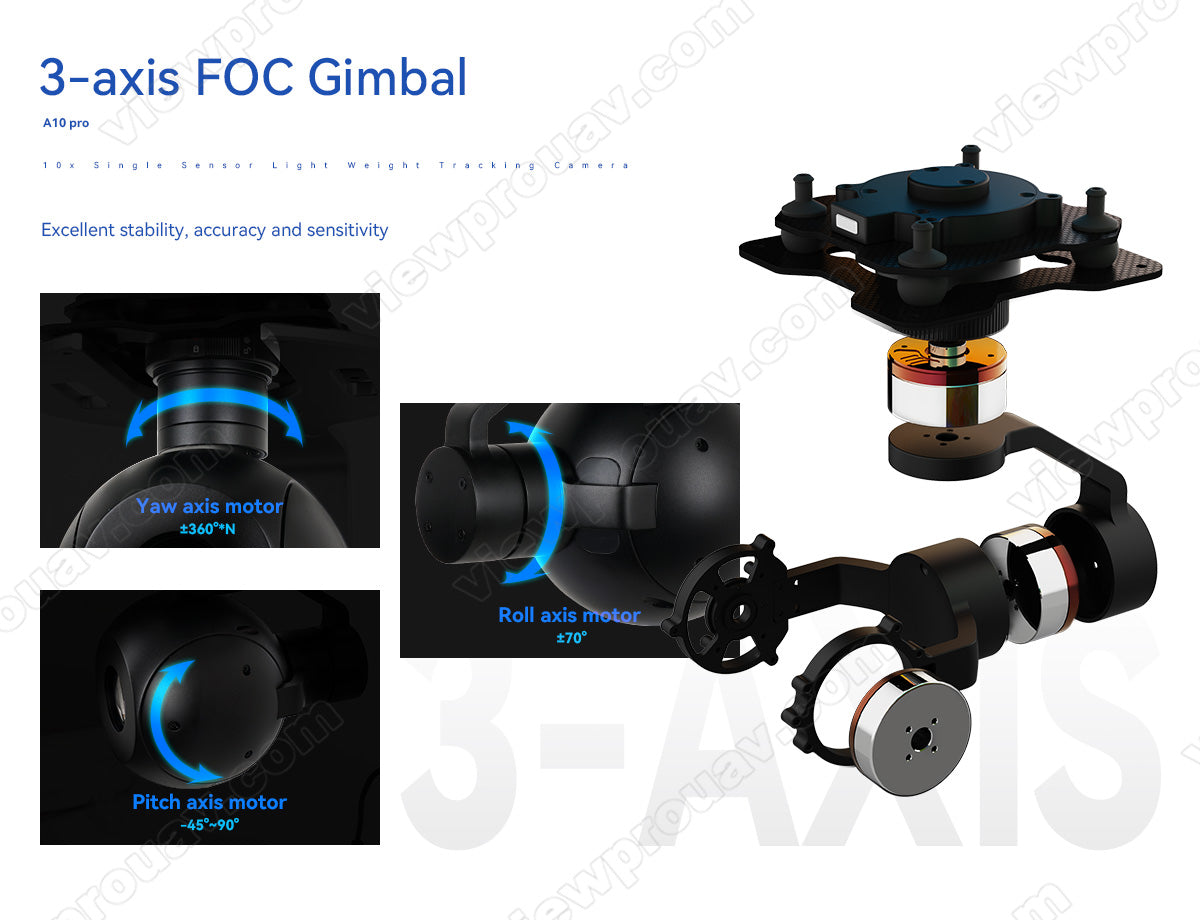 ViewPro A10 Pro Gimbal Camera, The ViewPro A10 Pro 3-axis FOC gimbal provides excellent stability, accuracy, and sensitivity with its motors.