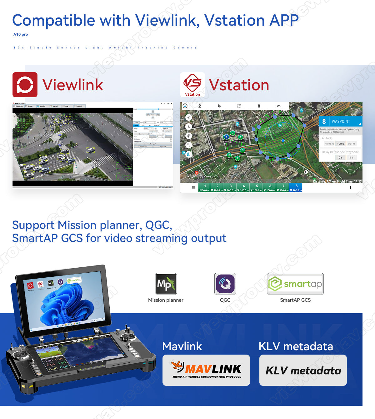 ViewPro A10 Pro Gimbal Camera, The ViewPro A10 Pro drone gimbal camera is compatible with various apps and supports waypoint mode, video streaming, and Mavlink metadata.