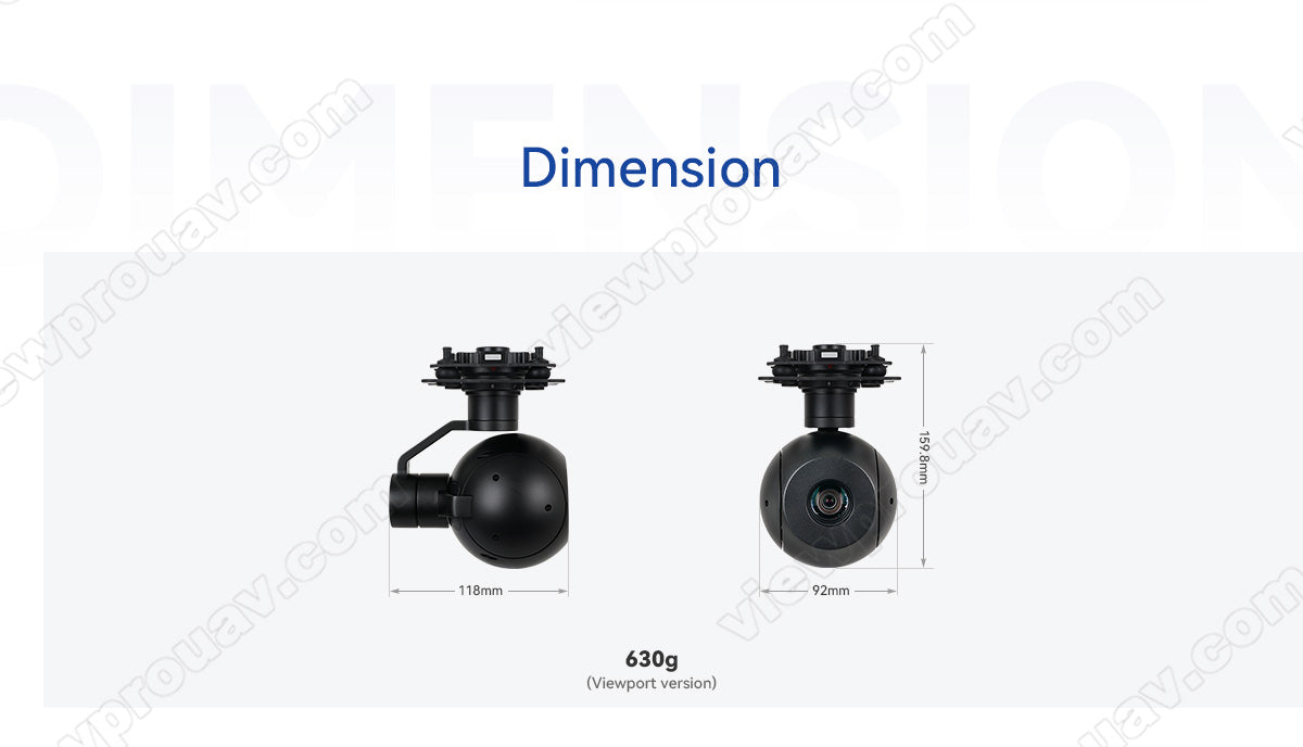 ViewPro A10 Pro Gimbal Camera, The ViewPro A10 Pro 10x drone gimbal camera has dimensions 18mm x 92mm and weighs 630g.