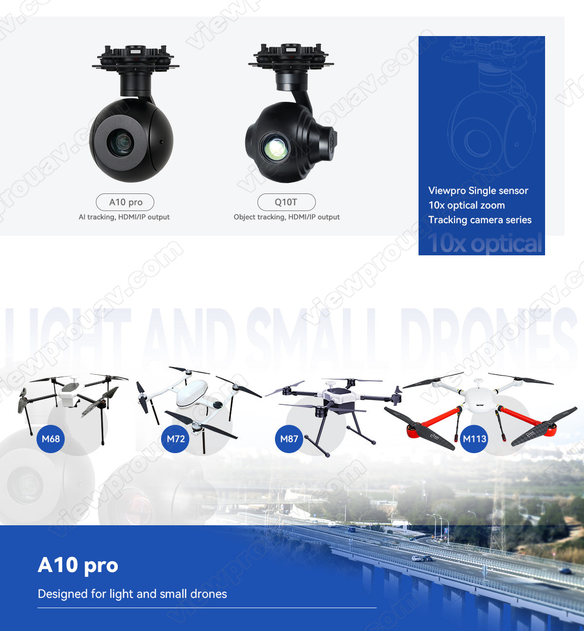 ViewPro A10 Pro Gimbal Camera, This camera has 10x optical zoom, object tracking, and HDMI/IP output, designed for small drones.