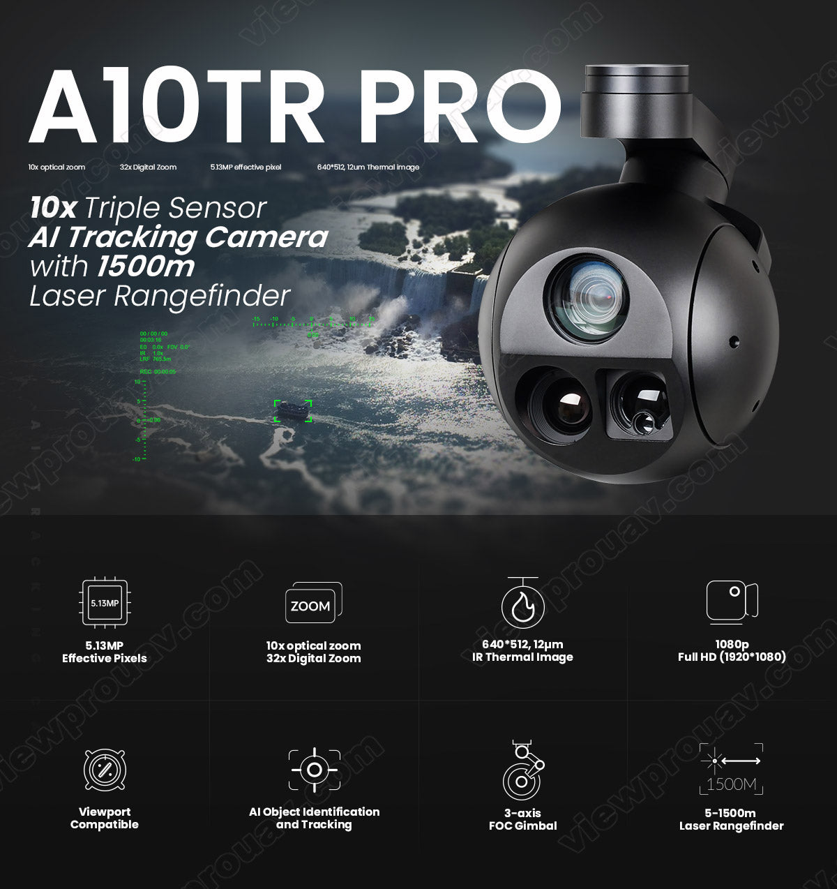 ViewPro A10TR Pro Gimbal, High-end camera gimbal for smartphones with optical zoom, thermal imaging, laser rangefinder, and advanced tracking features.