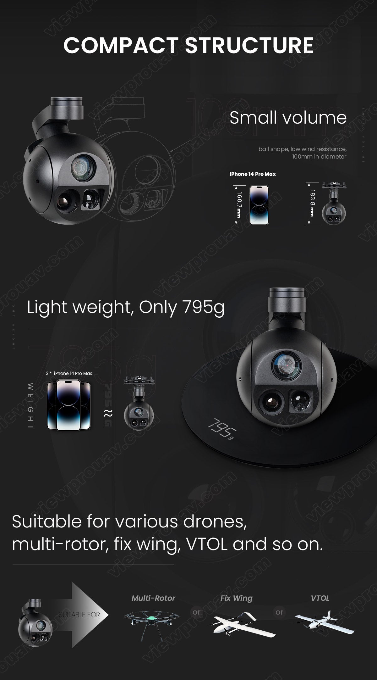 ViewPro A10TR Pro Gimbal, Compact lightweight ball suitable for iPhone 14 Pro Max and various drones.