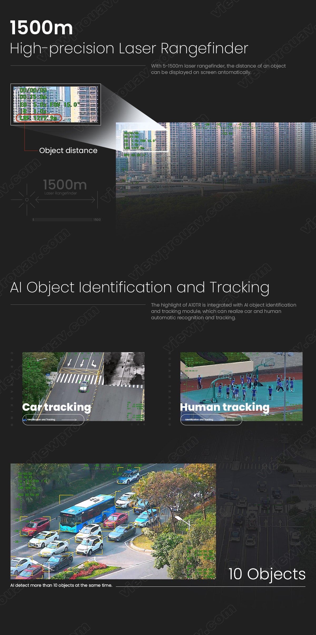 The ViewPro A10TR Pro Gimbal features a high-precision laser rangefinder, automatically displaying object distances up to 1500 meters, with AI-based Object Identification and Tracking.
