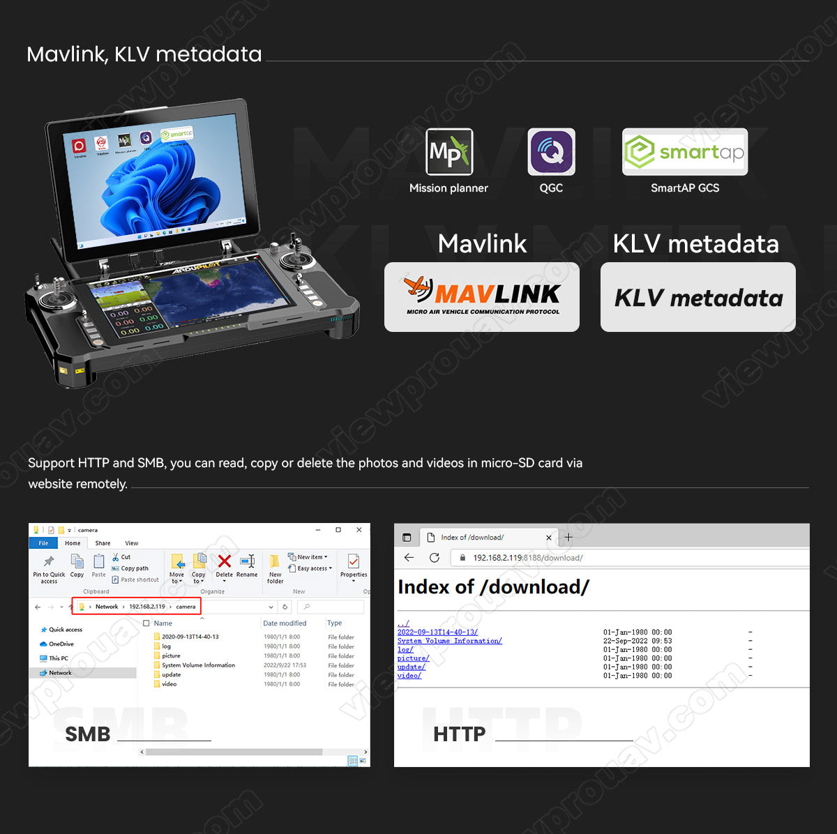 The ViewPro A10TR Pro Gimbal allows remote file management via website, supporting actions like copying, deleting, renaming, or downloading files.