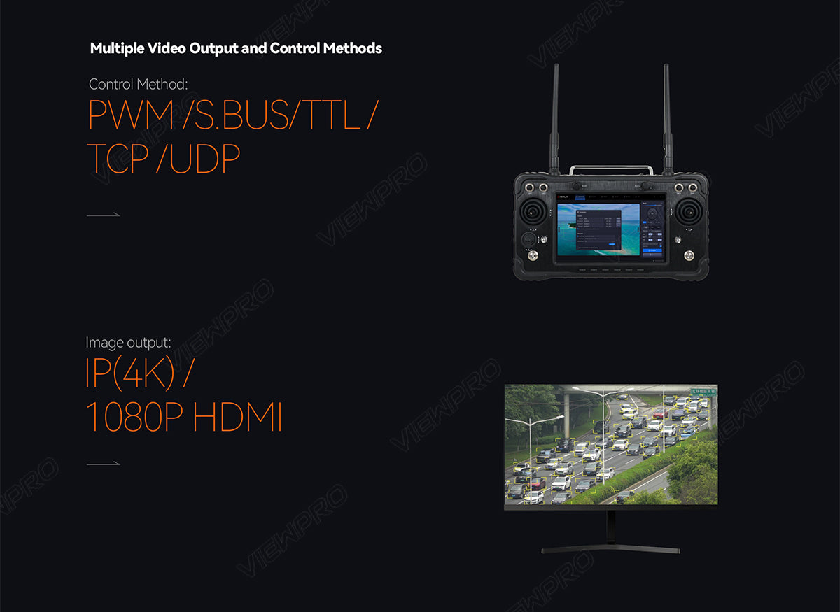 ViewPro A20KTR Triple Sensors Gimbal, The ViewPro A20KTR gimbal offers multiple output methods including PWM, SBUSTTTL, TCP, UDP, 4K IP, HDMI, NPI, VIEI, PI, PRO, and WPP.