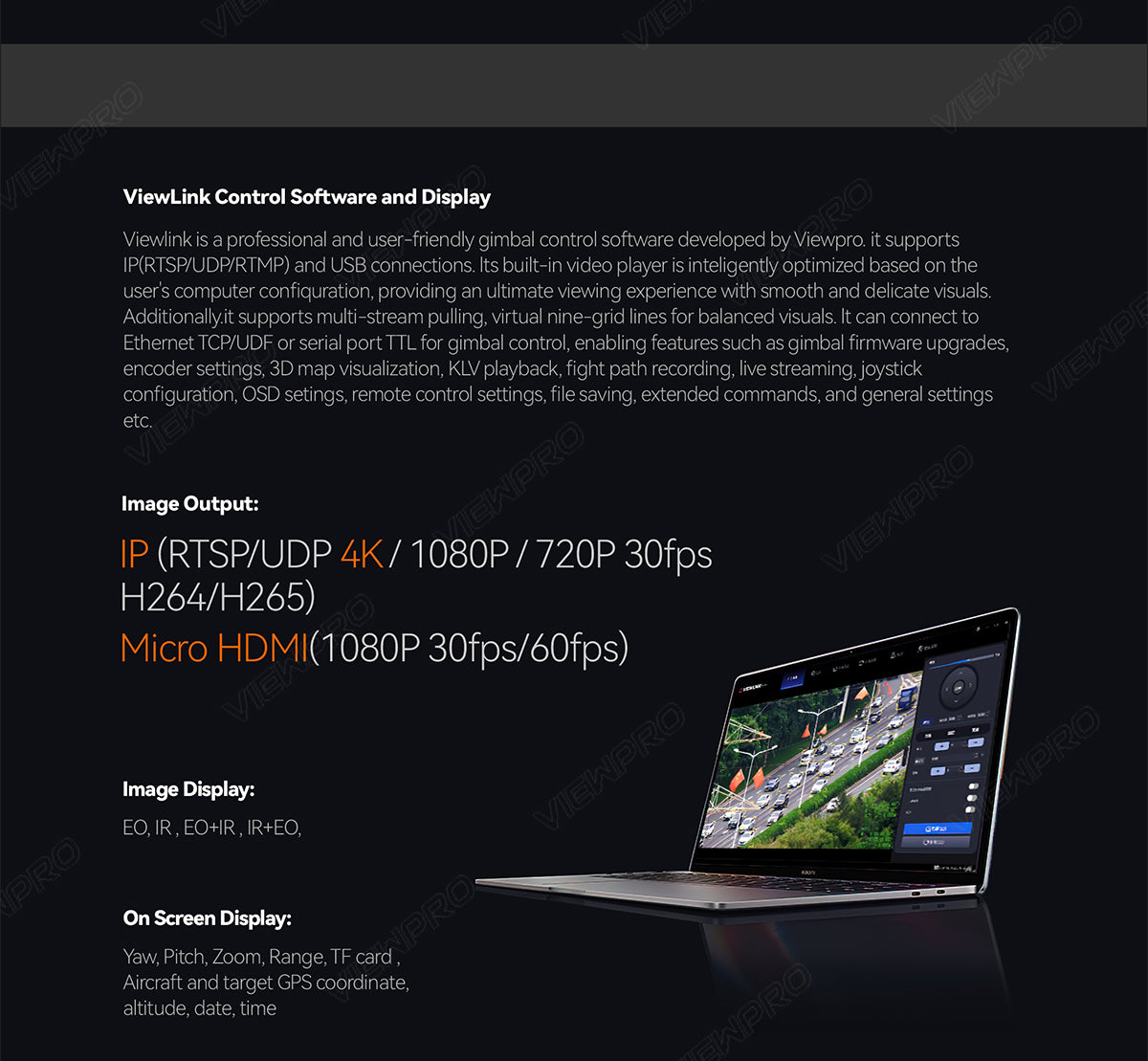 The ViewPro A20KTR triple sensors gimbal features software with IP, USB, Ethernet connections, a built-in video player, and multi-stream pulling.