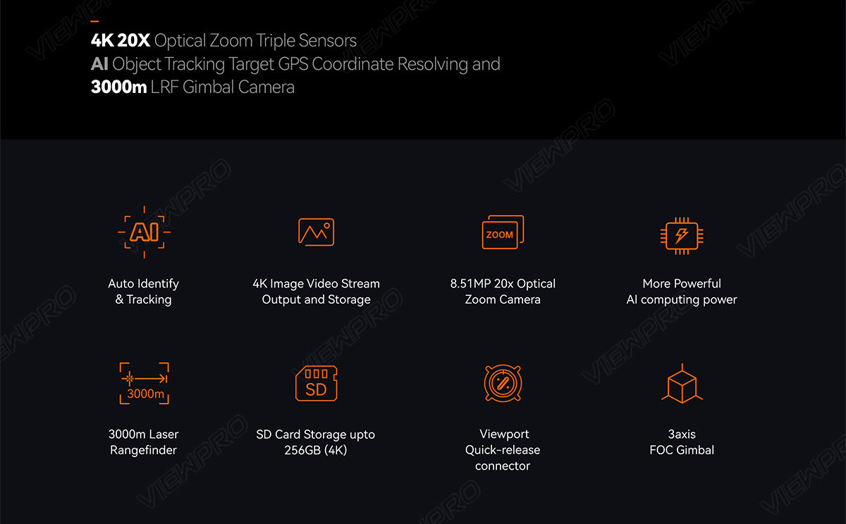 ViewPro A20KTR Triple Sensors Gimbal, ViewPro A20KTR triple sensor gimbal for 4K video and images with AI tracking, GPS coordinate resolving, and 3000m LRF.