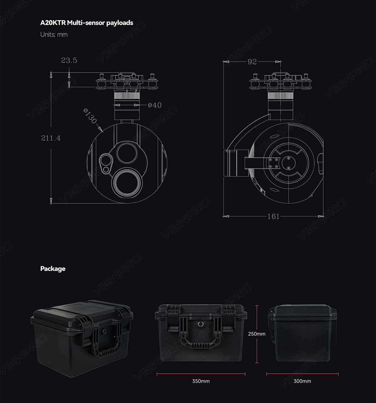 ViewPro A20KTR Triple Sensors Gimbal, This gimbal measures 23.5mm x 92mm x 40mm and has a payload capacity of 211.4g, ideal for small drones.