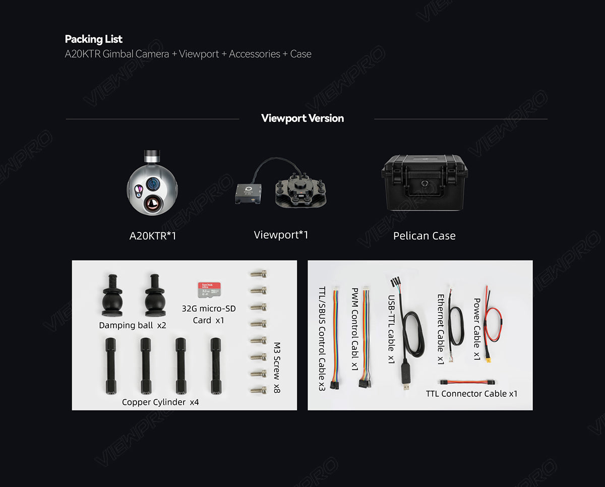 The ViewPro A20KTR Triple Sensors Gimbal comes with a packing list including AZOKTR gimbal, camera viewport, accessories case, and pelican case.