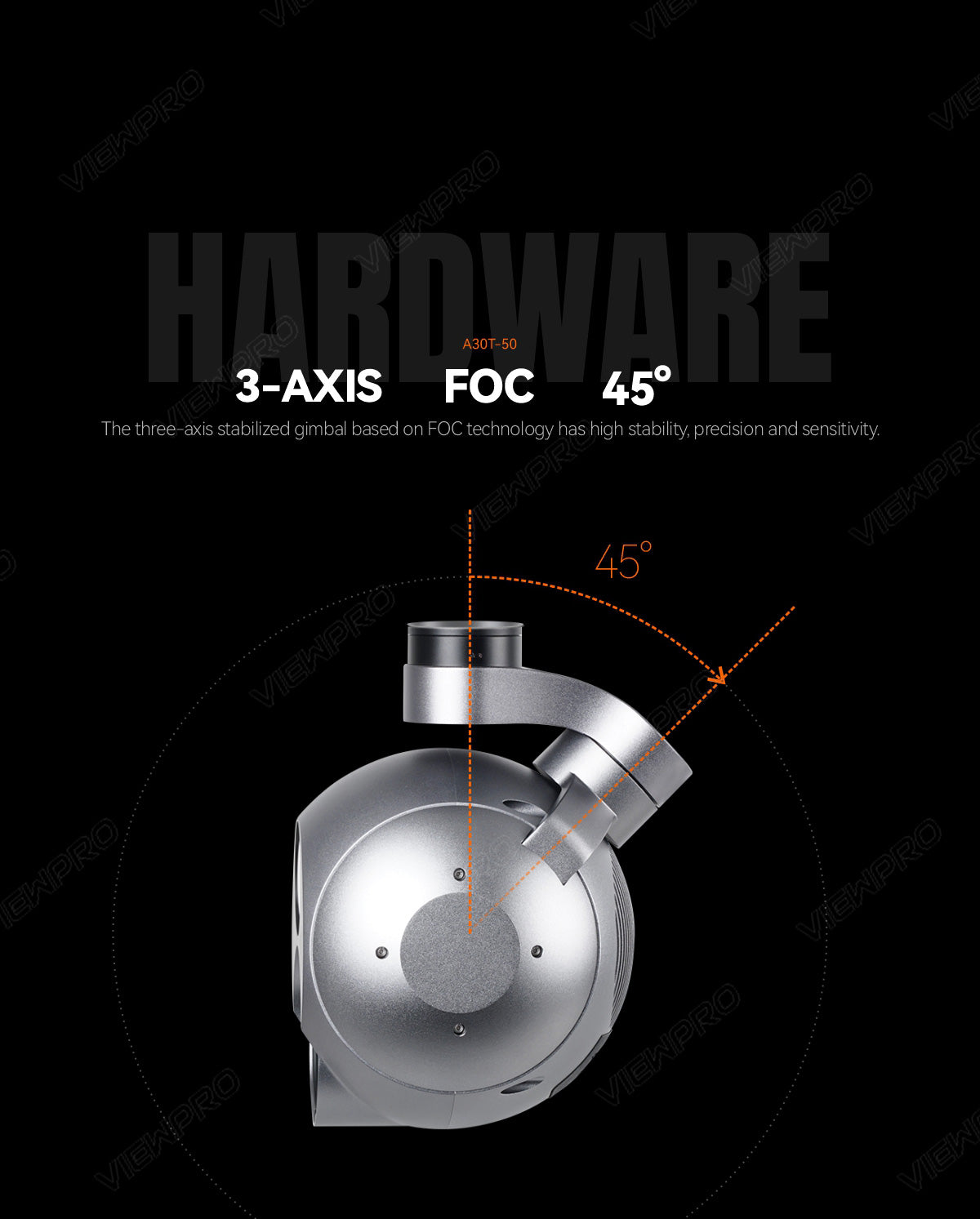 ViewPro A30T-50 30X EO/IR Gimbal, The ViewPro A30T-50 three-axis gimbal provides high stability, precision, and sensitivity using FOC technology.