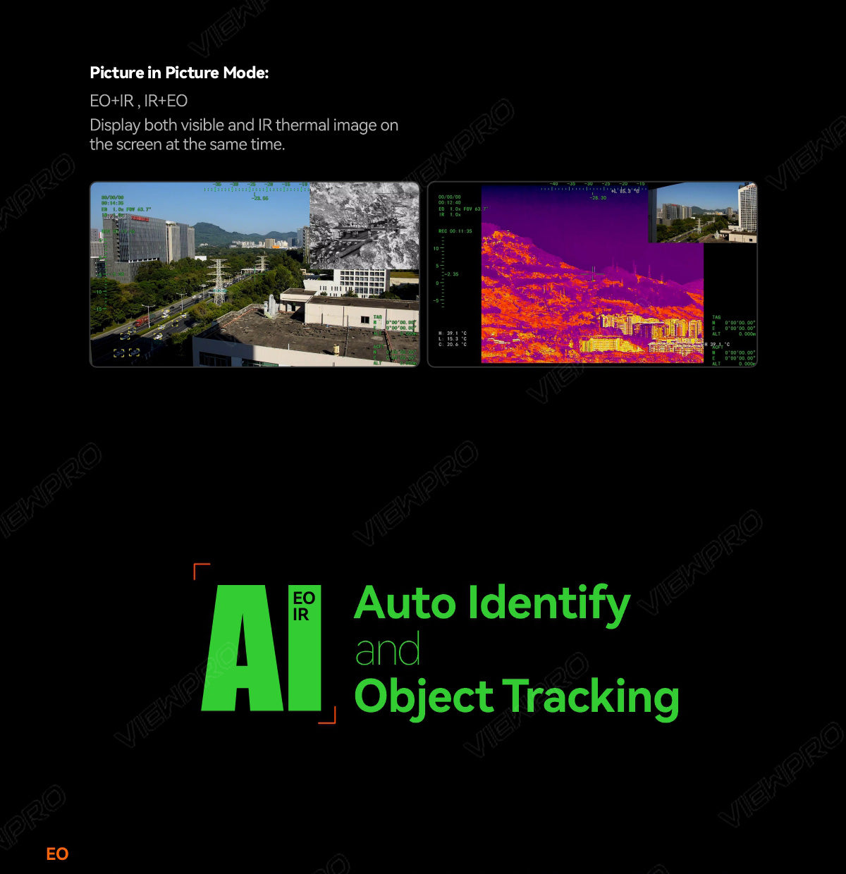 ViewPro A30T-50 30X EO/IR Gimbal, Display both visible and infrared thermal images simultaneously with the ViewPro A30T-50 Picture-in-Picture Mode.