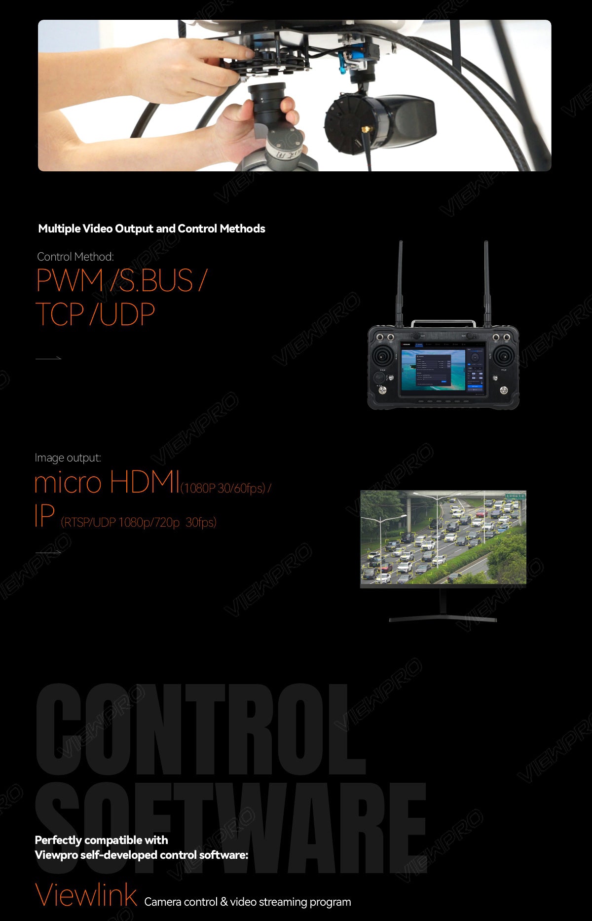 ViewPro A30T-50 30X EO/IR Gimbal, The ViewPro A30T-50 gimbal features multiple output methods including PWM, SBUS, TCP, UDP and supports up to 3060p via micro HDMI or IP.