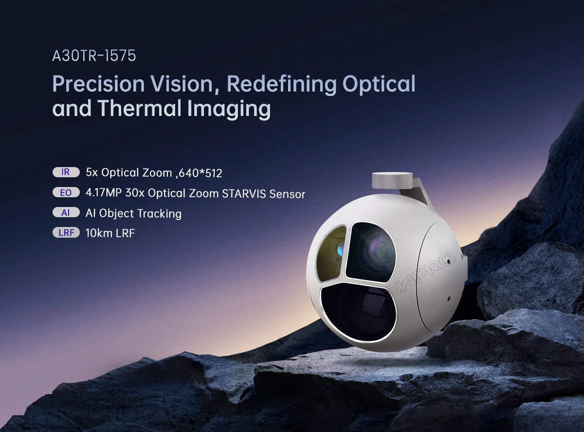 ViewPro A30TR-1575 Triple Sensors Gimbal, Precision vision with triple sensors: optical and thermal imaging, IR sensor with optical zoom, and object tracking.