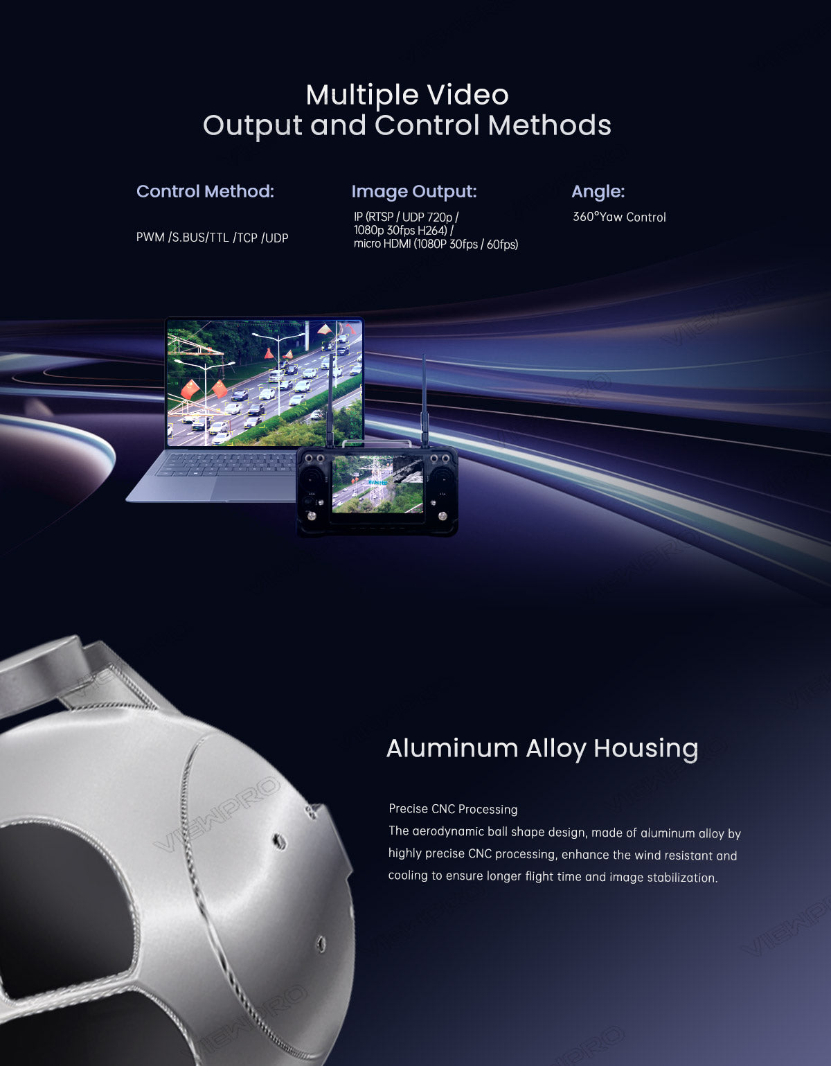 ViewPro A30TR-1575 Triple Sensors Gimbal, ViewPro A30TR-1575 gimbal features multiple video output and control methods, including IP and yaw control, with a durable aluminum alloy casing.