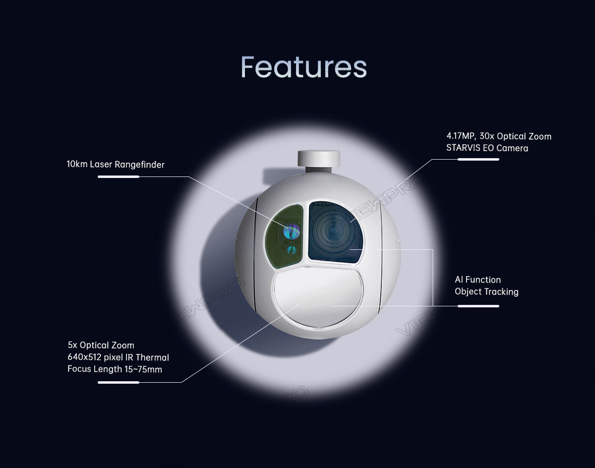 ViewPro A30TR-1575 Triple Sensors  Gimbal, The ViewPro A30TR-1575 features a 4.17MP EO camera, 3x optical zoom sensor, laser rangefinder, and Al function object tracking with thermal imaging.