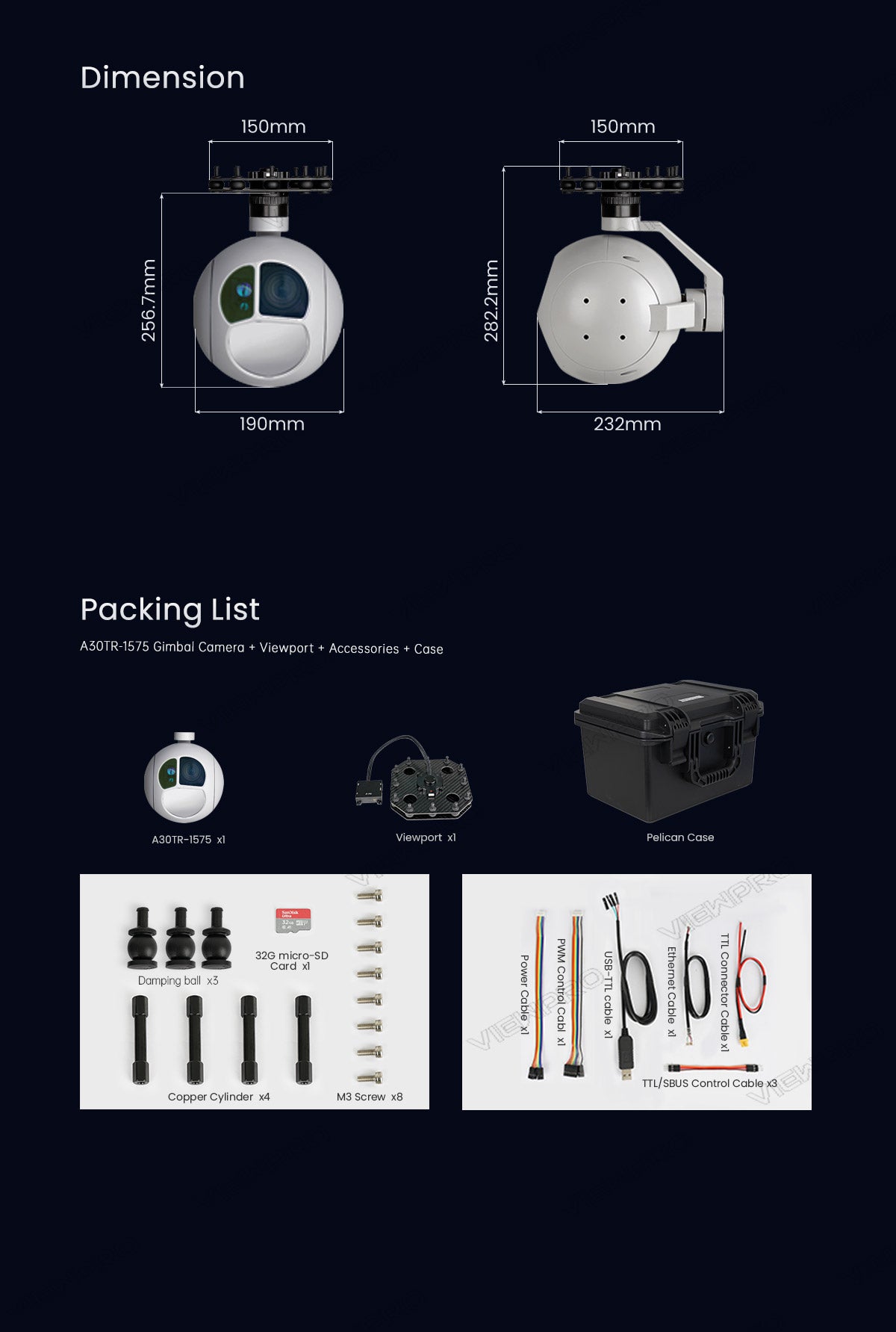 ViewPro A30TR-1575 Triple Sensors  Gimbal, The ViewPro A30TR-1575 triple sensor gimbal has a dimension of 150mm x 150mm x 100mm and includes various accessories.