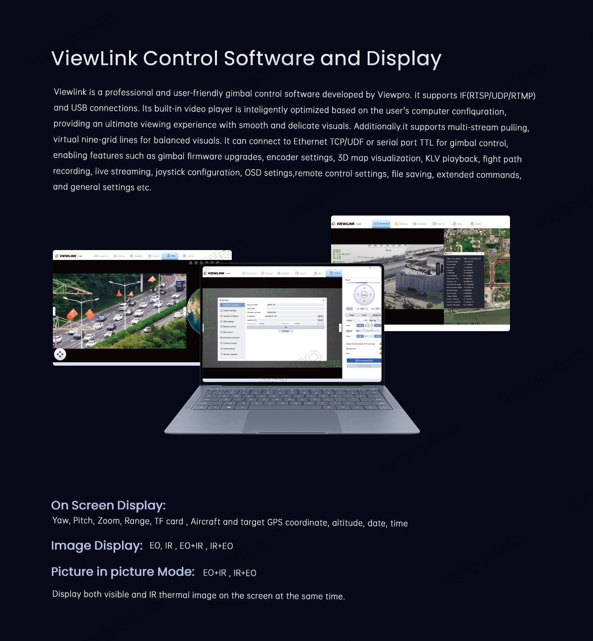 ViewPro A30TR-1575 Triple Sensors Gimbal, This gimbal features professional software with user-friendly controls, supporting various connections for smooth video playback and advanced functions.