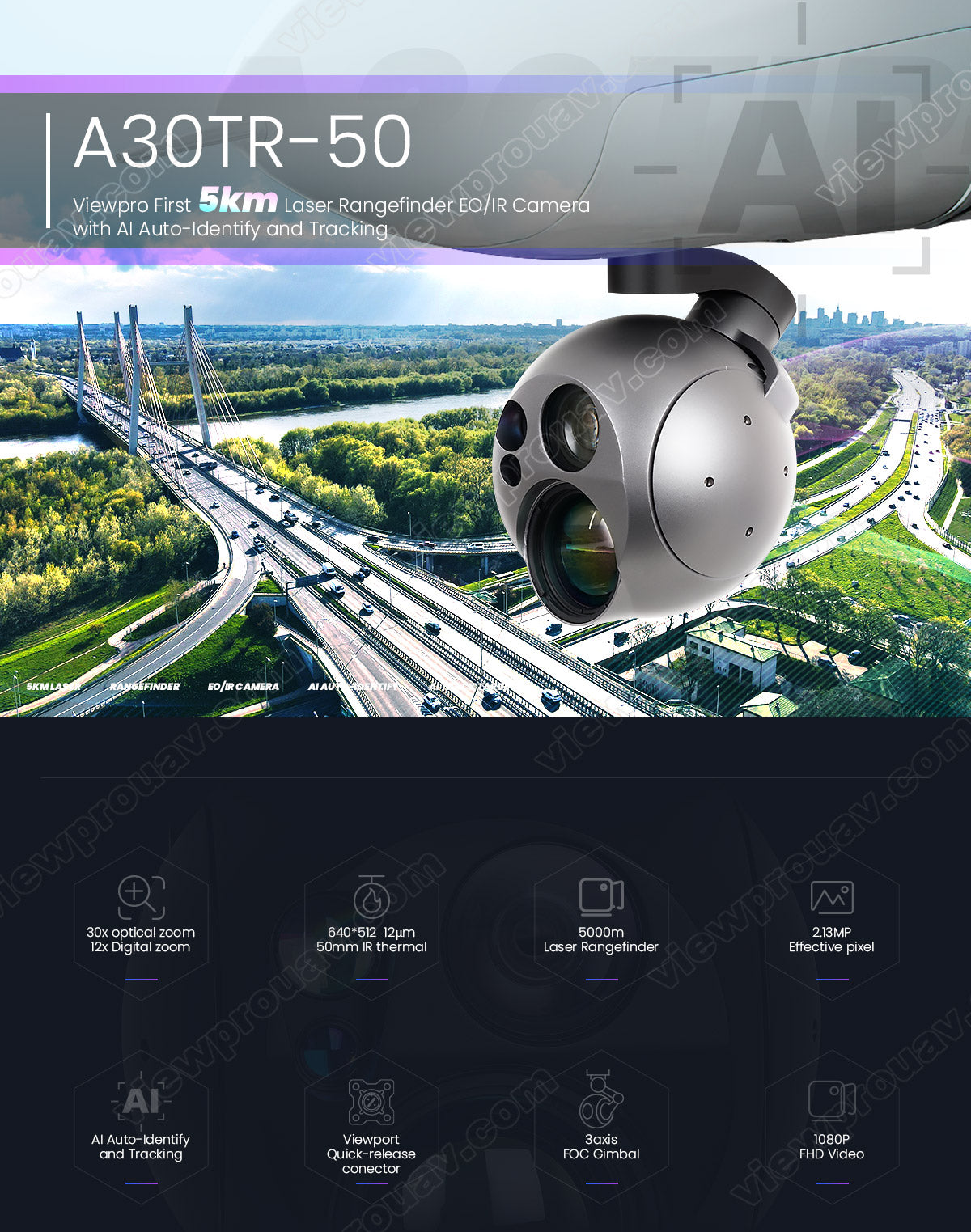 ViewPro A30TR-50 Drone Gimbal, A30TR-50 Skym Lasera Rangefinder EO/IR Camera with AI tracking, featuring 30x optical zoom and thermal IR capabilities.