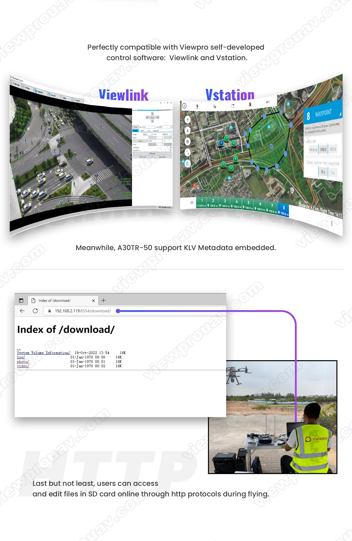 The ViewPro A30TR-50 Drone Gimbal is compatible with ViewLink and VStation software, supporting KLV Metadata indexing and online file access.