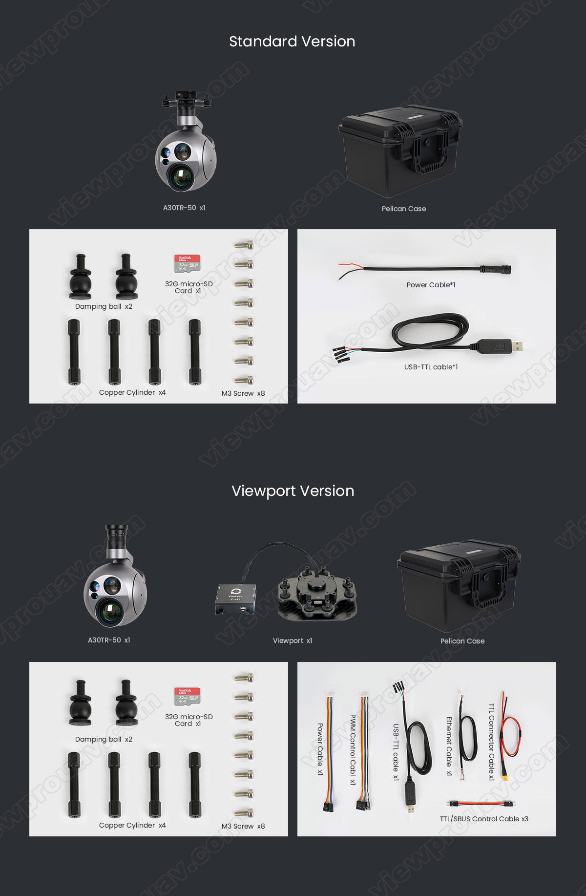 ViewPro A30TR-50 Drone Gimbal, ViewPro A30TR-50 XL Pelican Case with accessories and a drone camera gimbal.