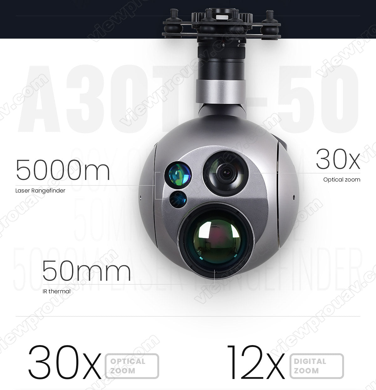 The ViewPro A30TR-50 Drone Gimbal features a 47mm optical zoom, laser rangefinder, and IR thermal camera with 3Ox optical and 12x digital zoom.