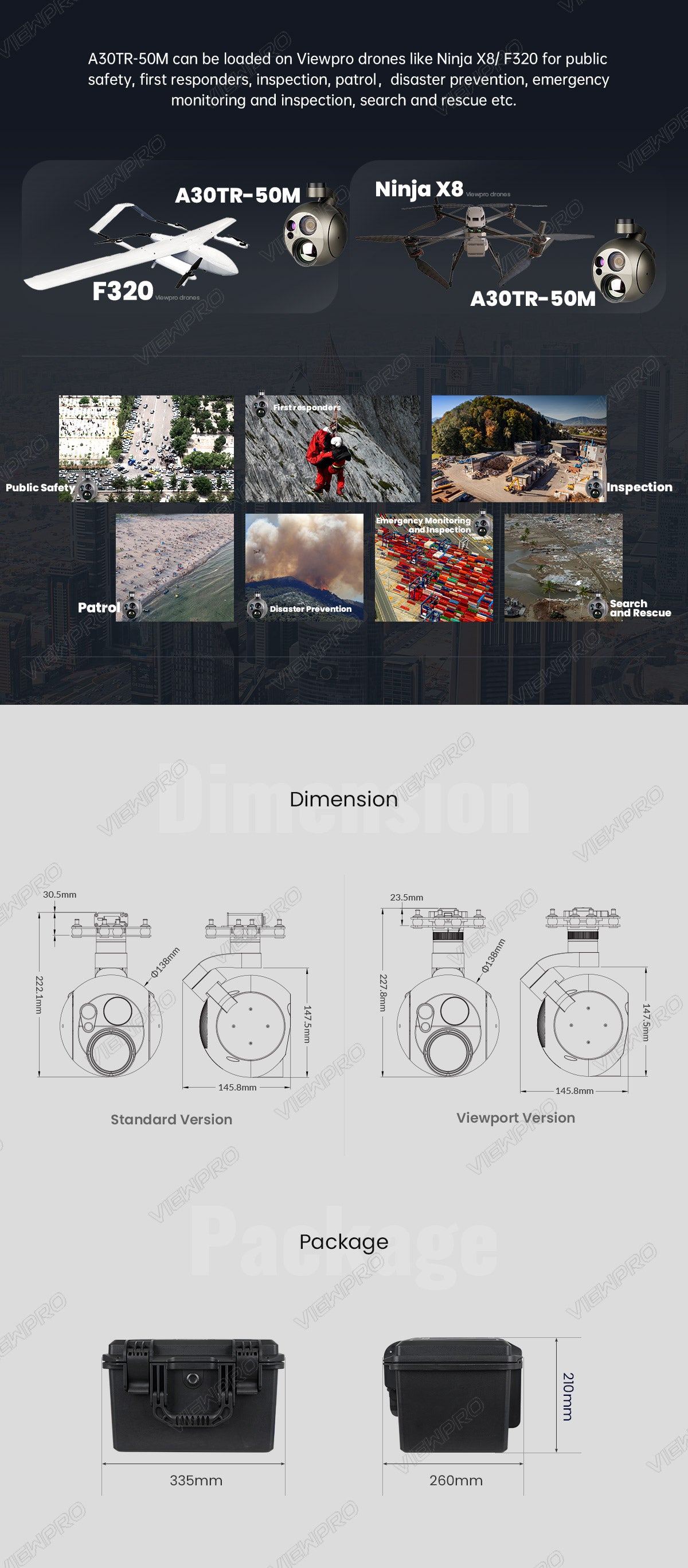 The ViewPro A30TR-50M Gimbal is designed for public safety and first responders, featuring a 4-axis gimbal with a 30.5mm diameter lens.