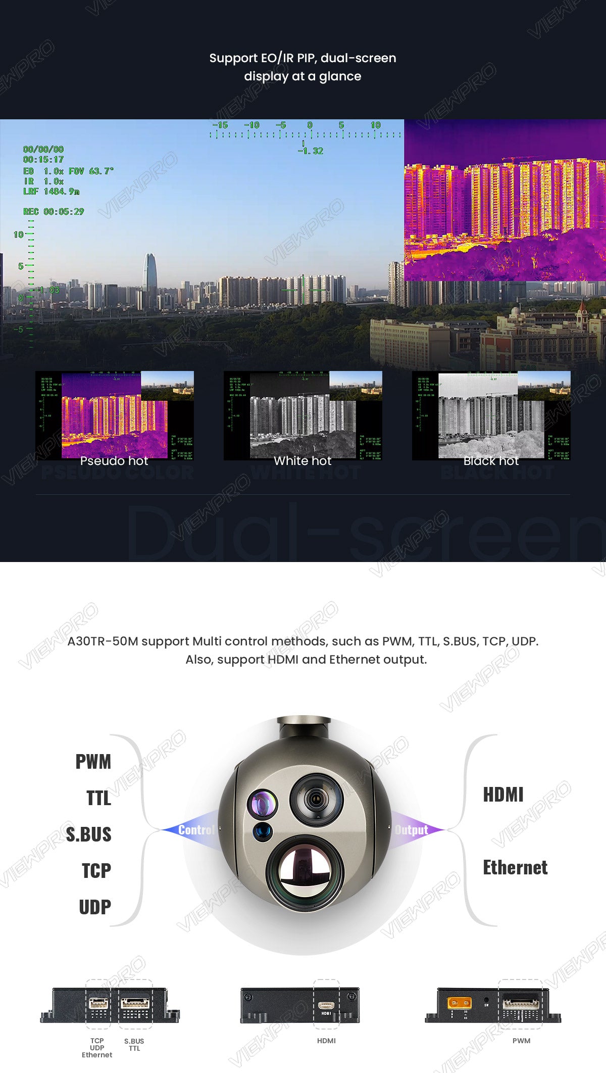 The ViewPro A30TR-50M gimbal features dual-screen display, 15x optical zoom, 10x digital zoom, and multiple control methods for E/O and IR PIP support.