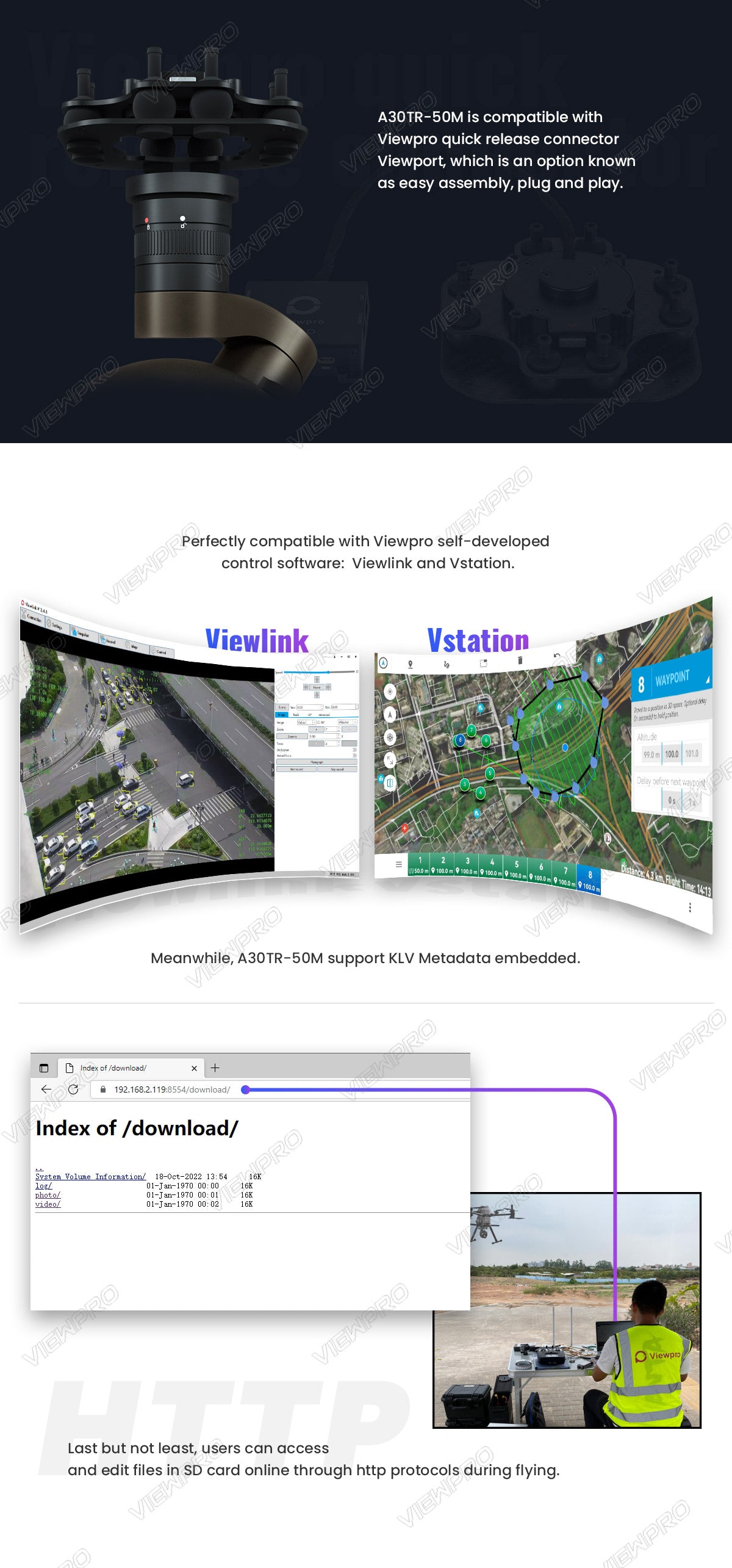 The ViewPro A30TR-50M Gimbal is compatible with Viewpro quick release connector, control software, and supports KLV Metadata embedding.