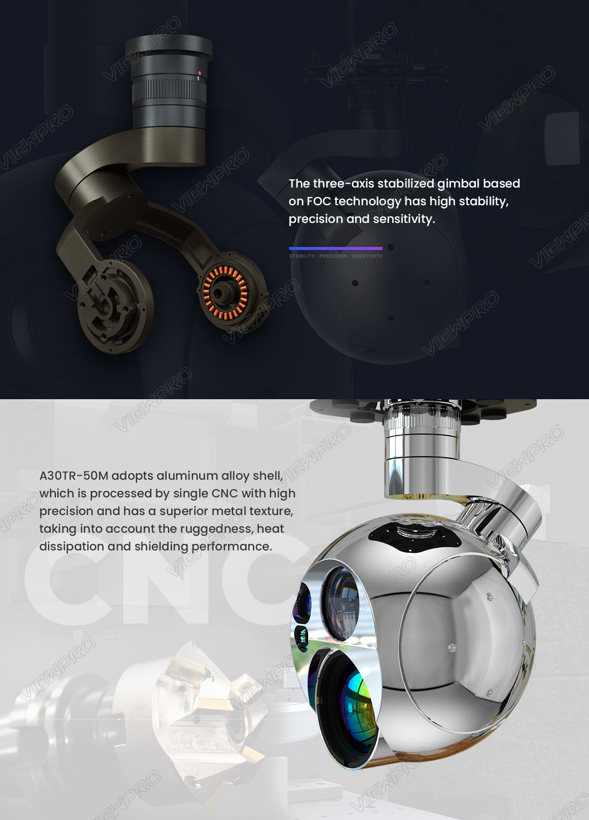 ViewPro A30TR-50M Gimbal, A three-axis gimbal with FOC technology provides high stability, precision, and sensitivity, while its aluminum alloy shell ensures ruggedness and heat dissipation.