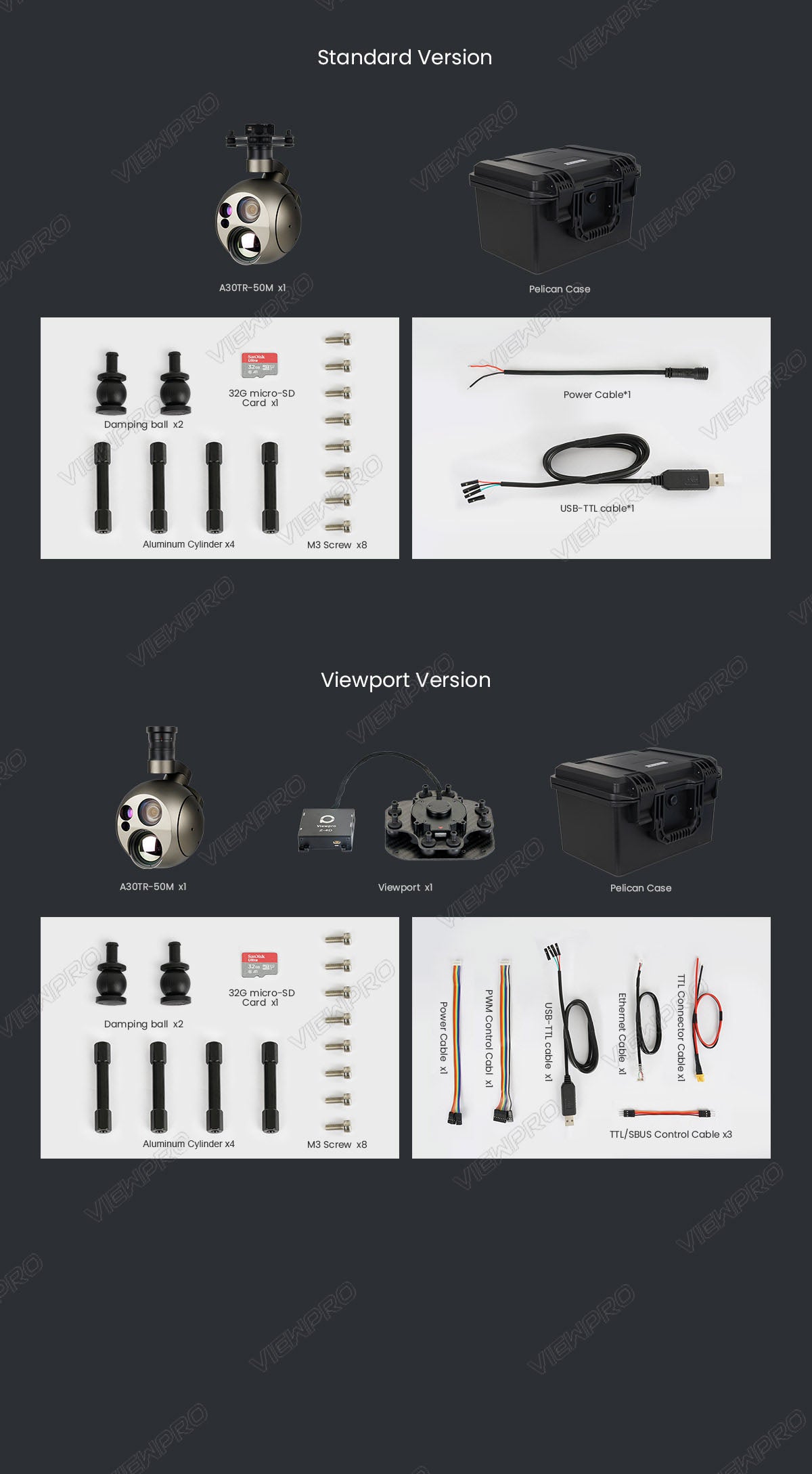 ViewPro A30TR-50M Gimbal, Standard Version A30TR-50M ViewPro Gimbal contents: Pelican Case, XL, micro-SD Card, and various cables and accessories.