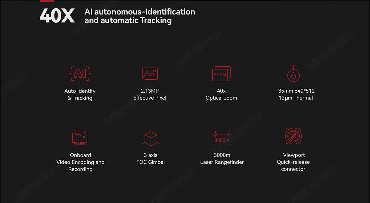 ViewPro A40TR-35 Dual Sensors Gimbal, The ViewPro A40TR-35 gimbal features autonomous identification, automatic tracking AI, and has a thermal sensor with 12um pixel size.