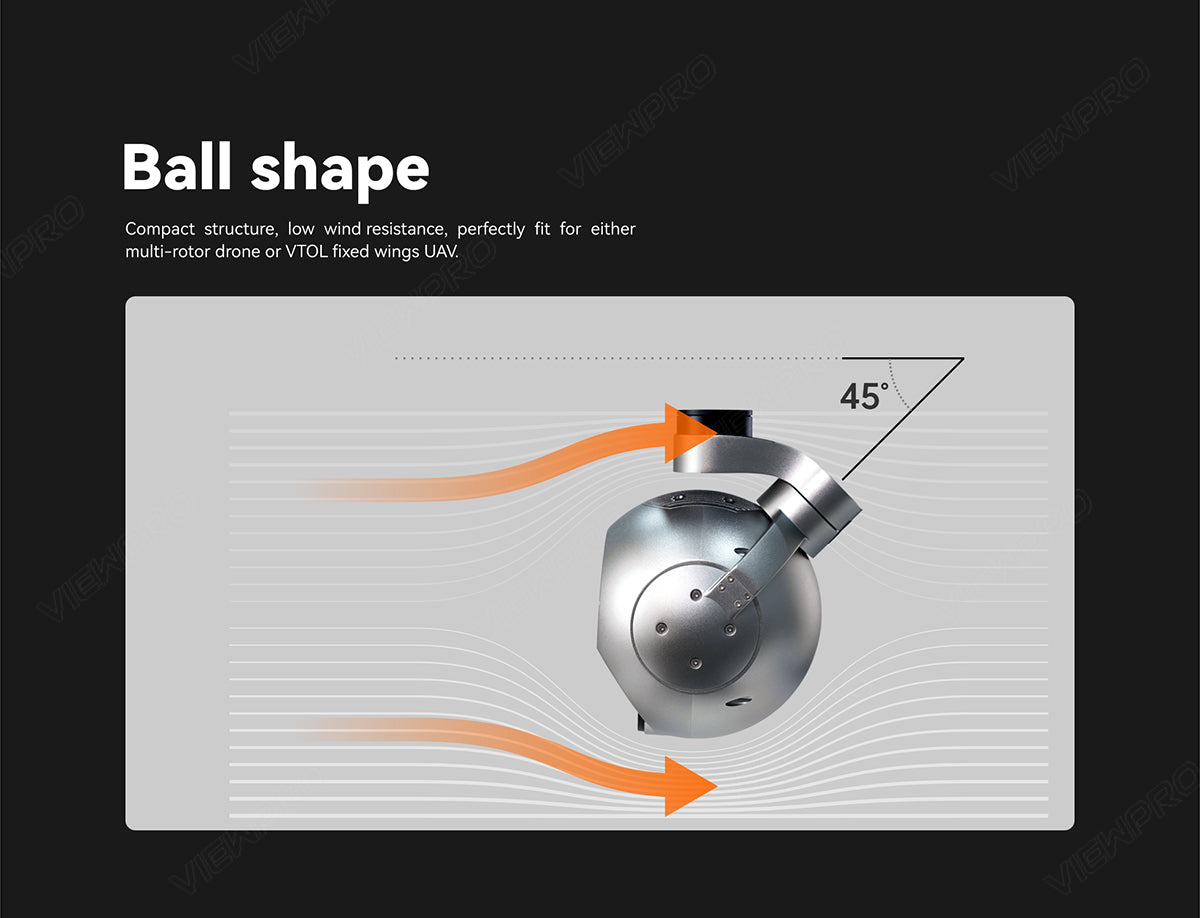 ViewPro A40TR-35 Dual Sensors Gimbal, Compact ball-shaped structure offers low wind resistance for multi-rotor drones and VTOL fixed-wing UAVs.
