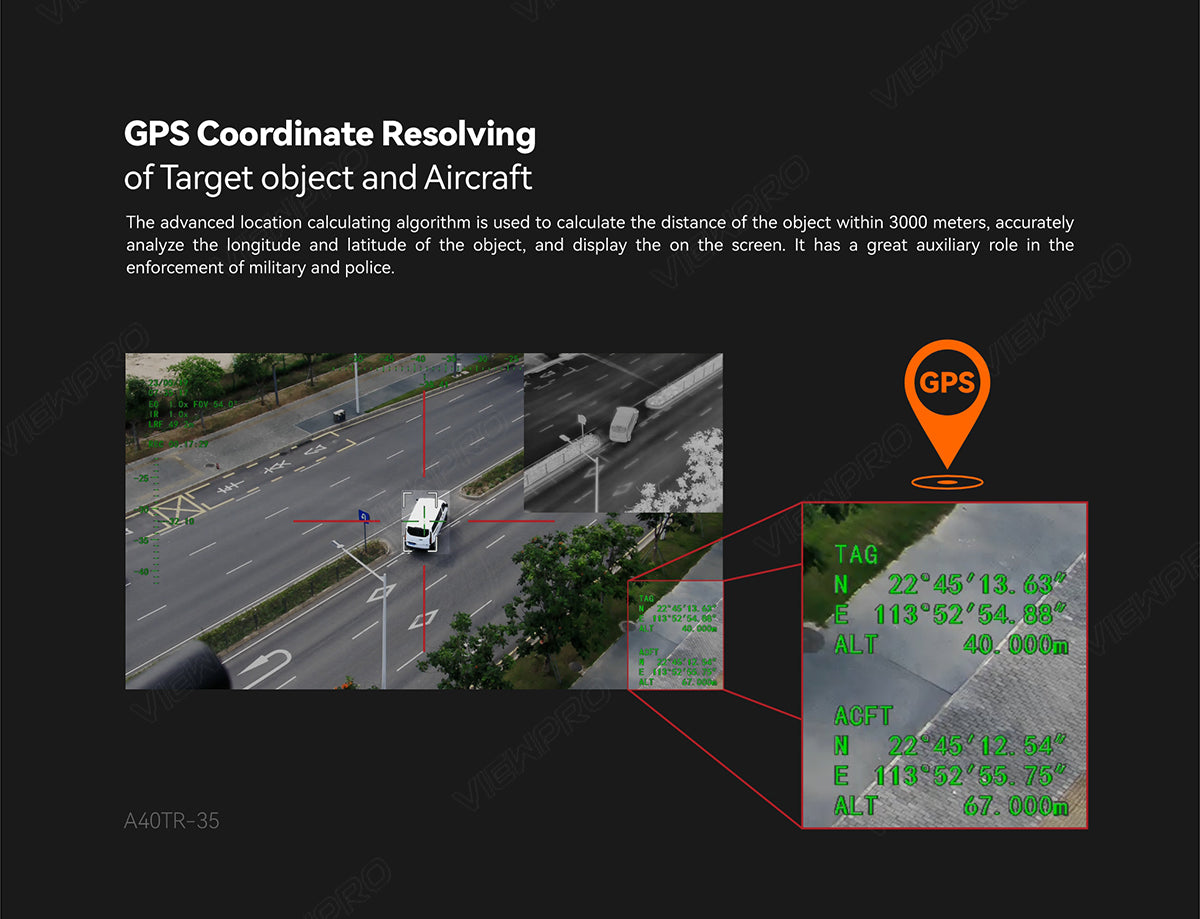 ViewPro A40TR-35 Dual Sensors Gimbal, The ViewPro A40TR-35 Gimbal features GPS-based target tracking with an advanced location calculating algorithm.