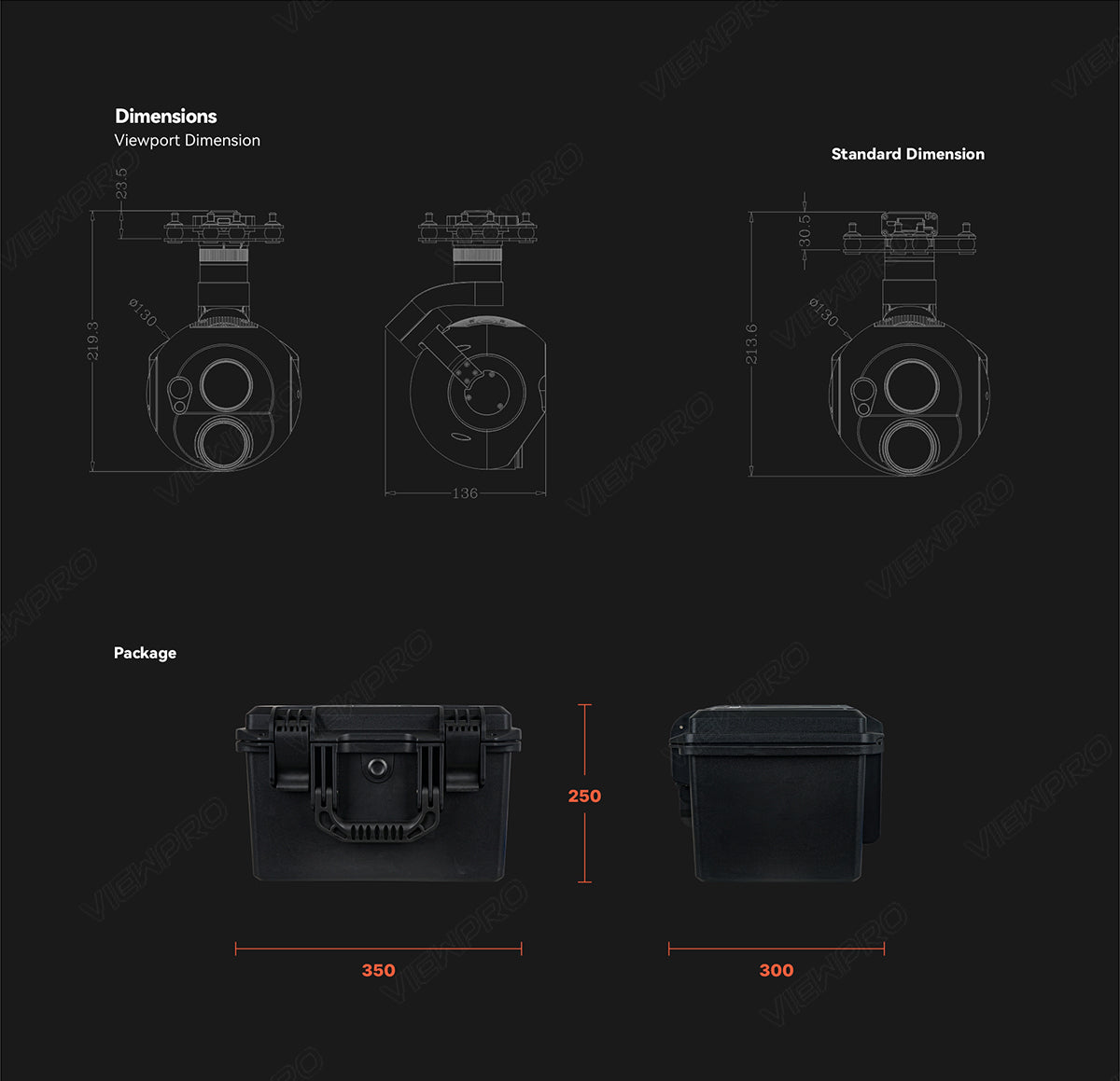 ViewPro A40TR-35 dual sensors gimbal product with dimensions 136mm x 250mm x 300mm and standard dimension 350.