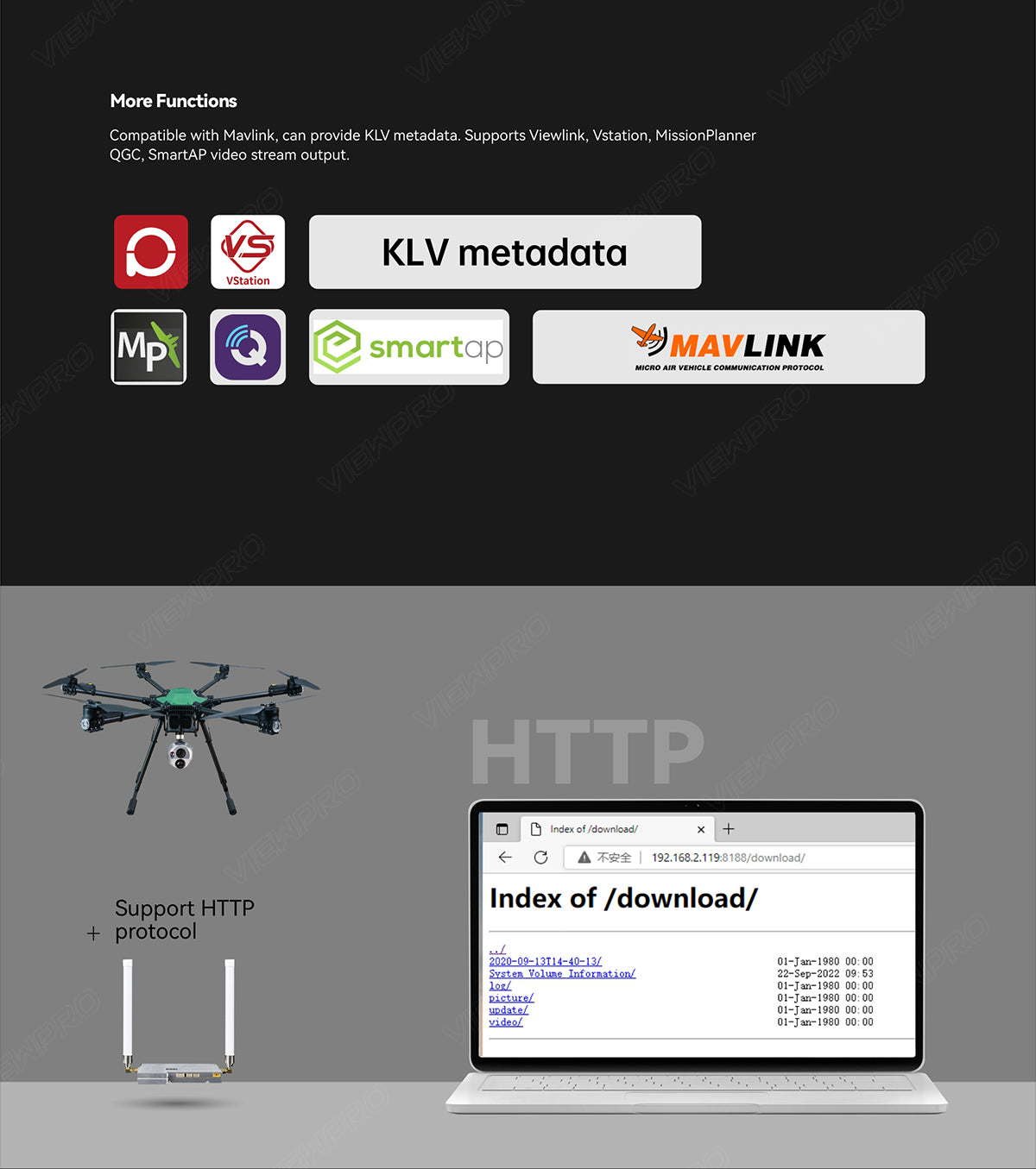 The ViewPro A40TR-35 Dual Sensors Gimbal features MAVLink compatibility, KLV metadata support, and HTTP protocol, designed for aerial vehicles.