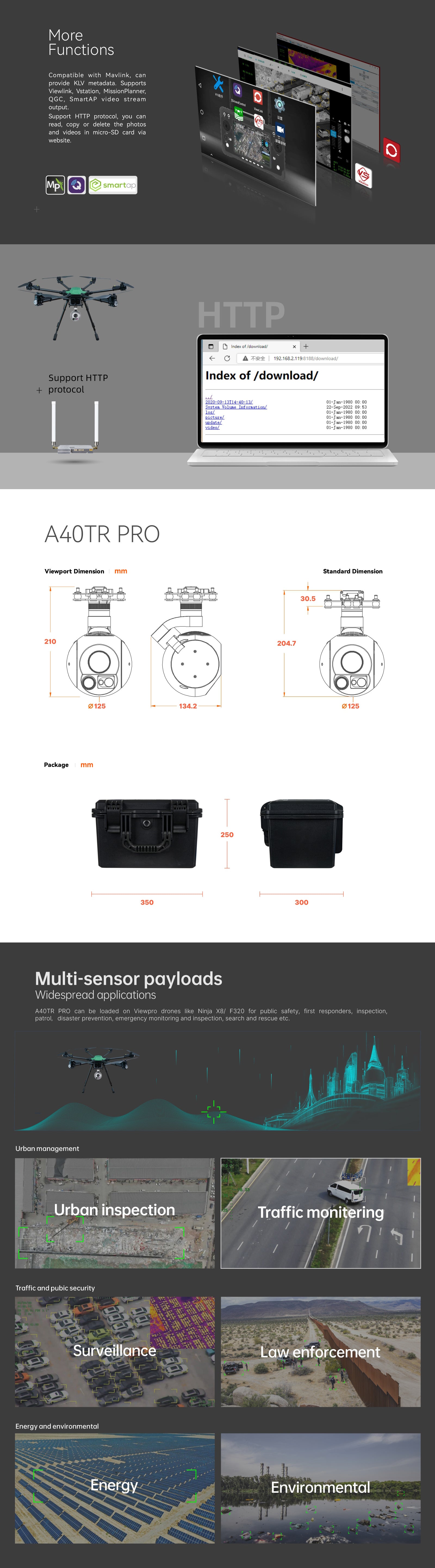 ViewPro A40TR Gimbal Camera, More Functions Compatible with Mavlink, providing KLV metadata, supporting various platforms and protocols for video stream output.