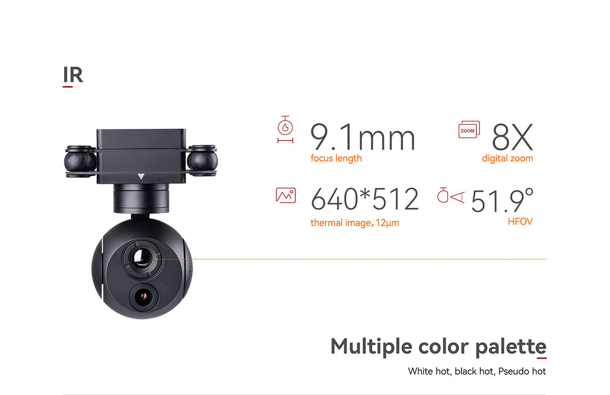 ViewPro A609 Gimbal, IR camera features include 9x zoom, 8x focus length, and thermal imaging with multiple color palettes.