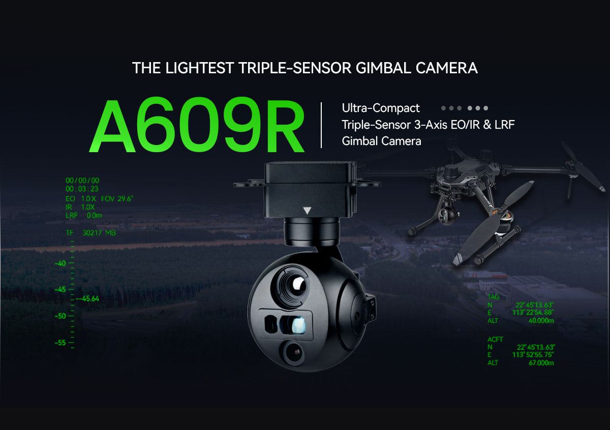 ViewPro A609R Gimbal Camera, The Lightest Triple-Sensor Gimbal Camera offers ultra-compact design with 3-axis EO/IR & LRF gimbal camera, 00.03 FOV and 29.6" IFOV.