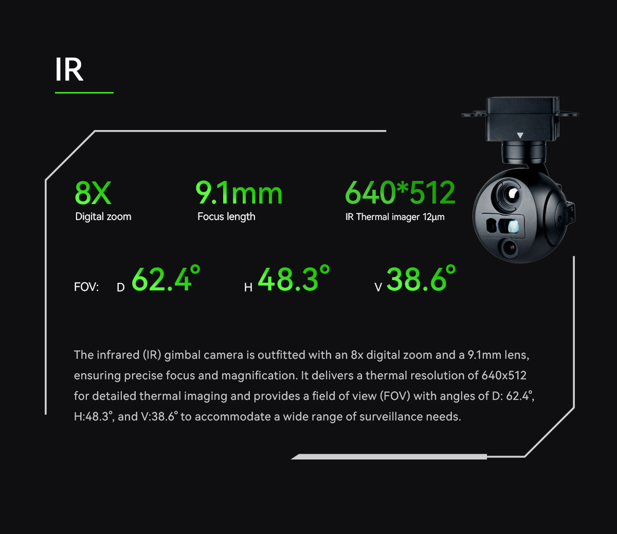 ViewPro A609R Gimbal Camera, The infrared IR gimbal camera has an 8x digital zoom, precise focus, and thermal resolution for detailed imaging.