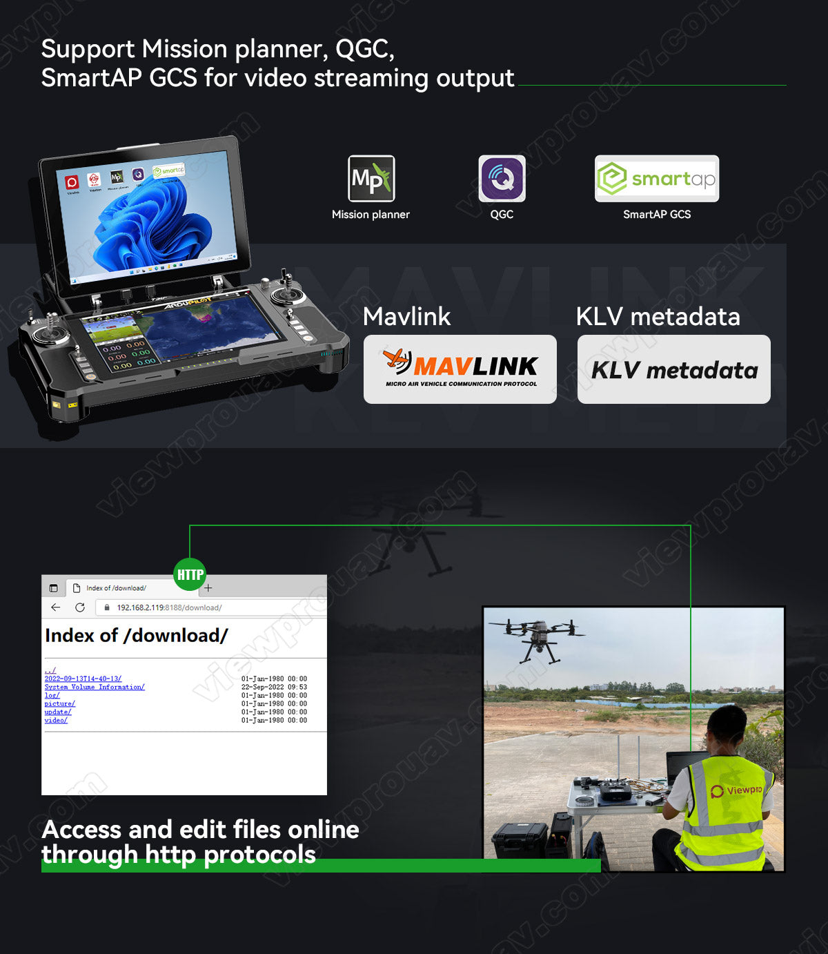 ViewPro AT19, Product image support for mission planning, video streaming, and high-speed communication protocol.