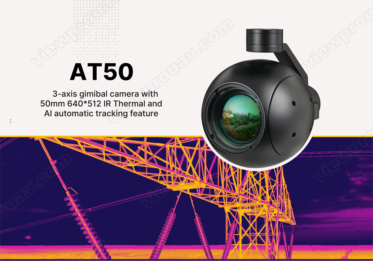 ViewPro AT50 3-axis gimbal camera features 50mm sensor, 640x512 resolution, IR thermal imaging, and automatic tracking.