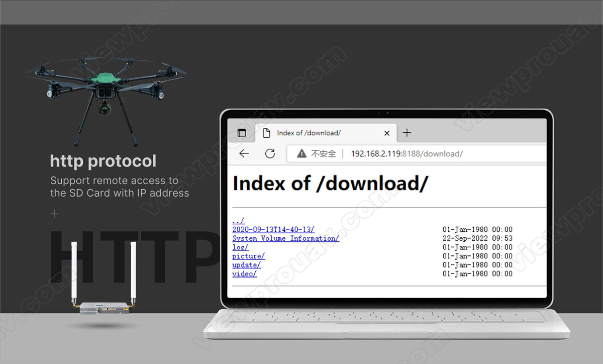 ViewPro AT50 product image allows remote access to SD card /download/ index via HTTP protocol from 192.168.2.119:8188/download/