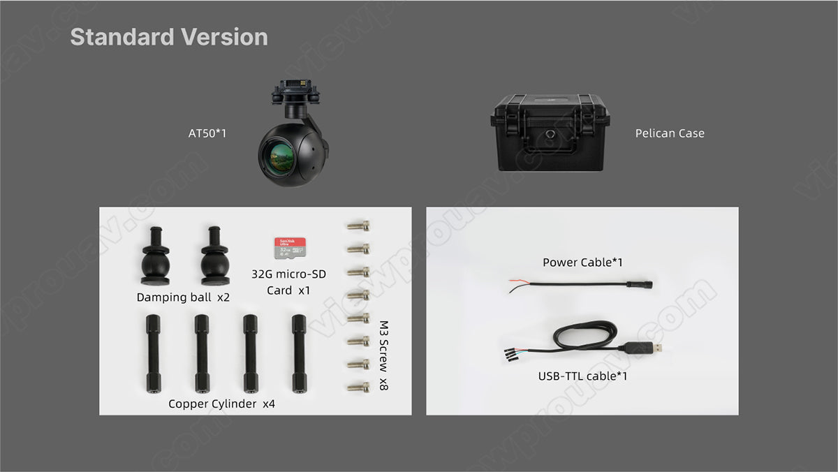 ViewPro AT50 product includes standard version, case, power cable, micro-SD card, damping balls, USB-TTL cable, and copper cylinders.