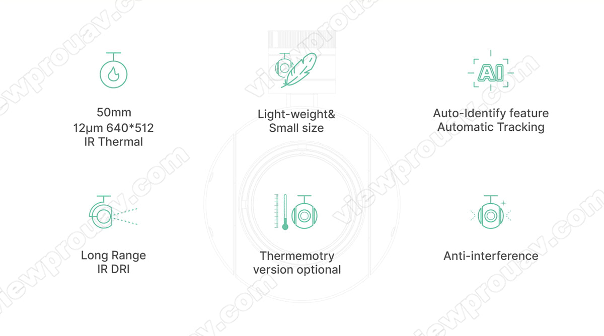 ViewPro AT50, The camera features light-weight auto-identify, 12um resolution, and long-range thermometry with anti-interference capabilities.