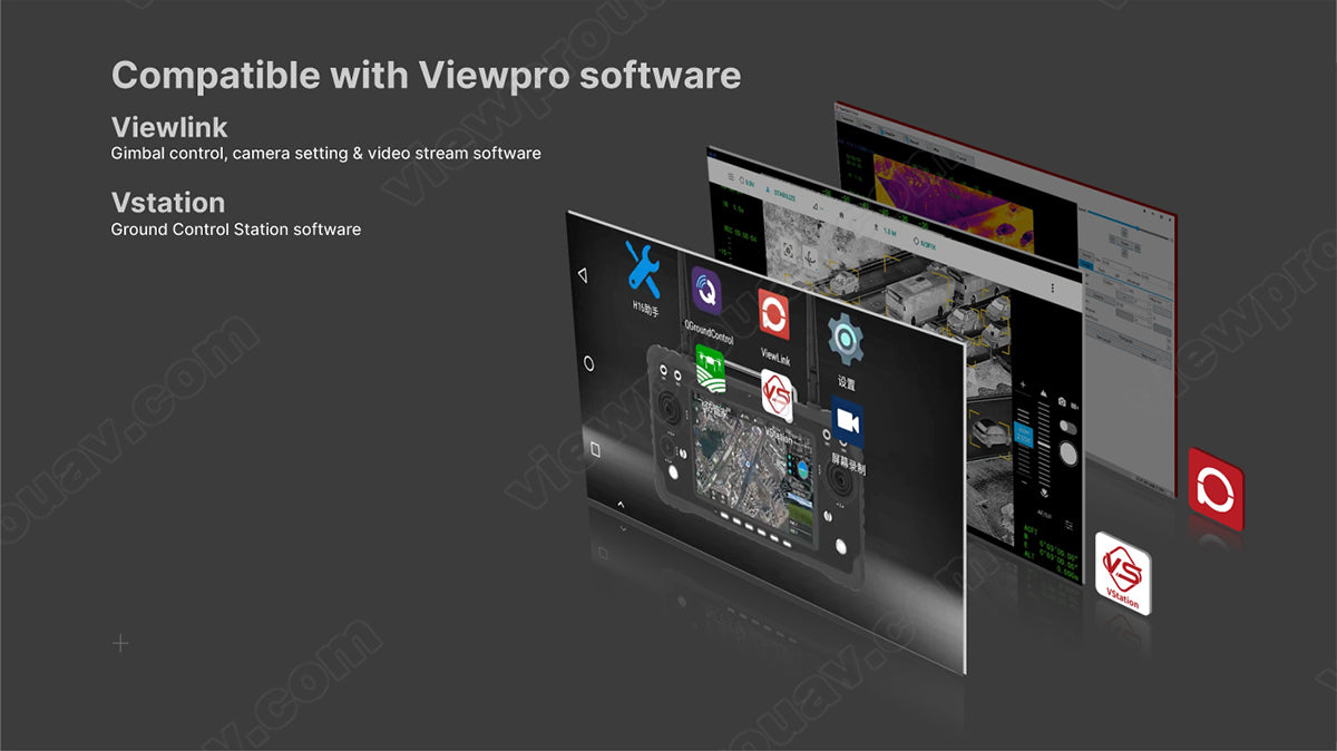 The ViewPro AT50 is compatible with various software, including Viewpro, Viewlink, camera settings, video stream software, and Vstation Ground Control Station.