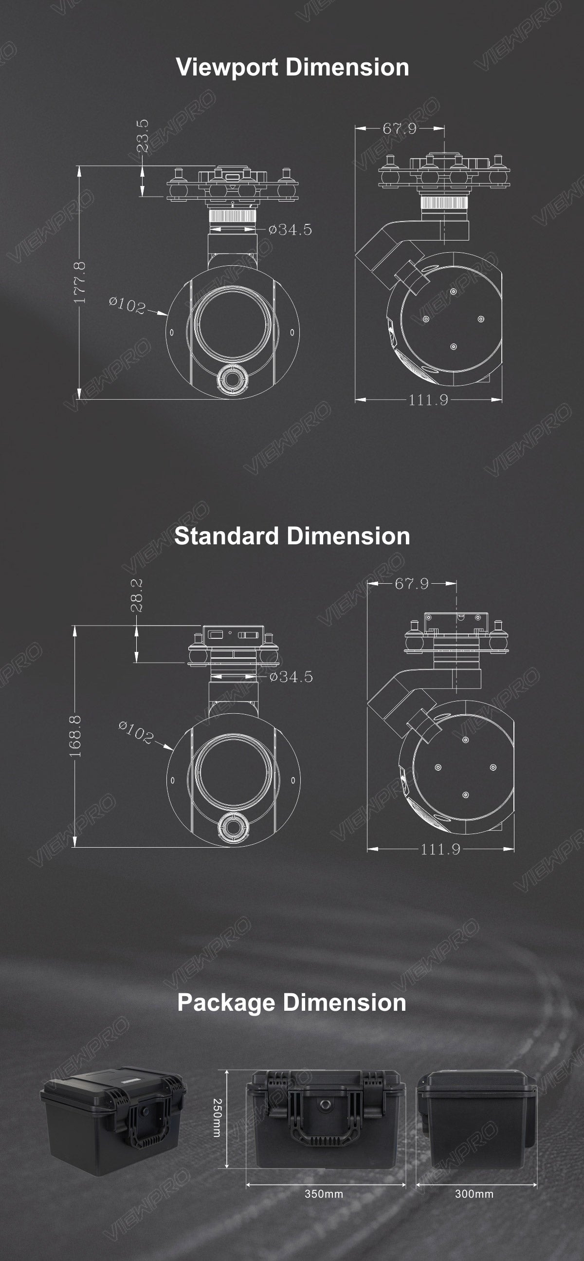 The ViewPro AT9-50 dual thermal drone gimbal has dimensions of viewport, standard, and package.