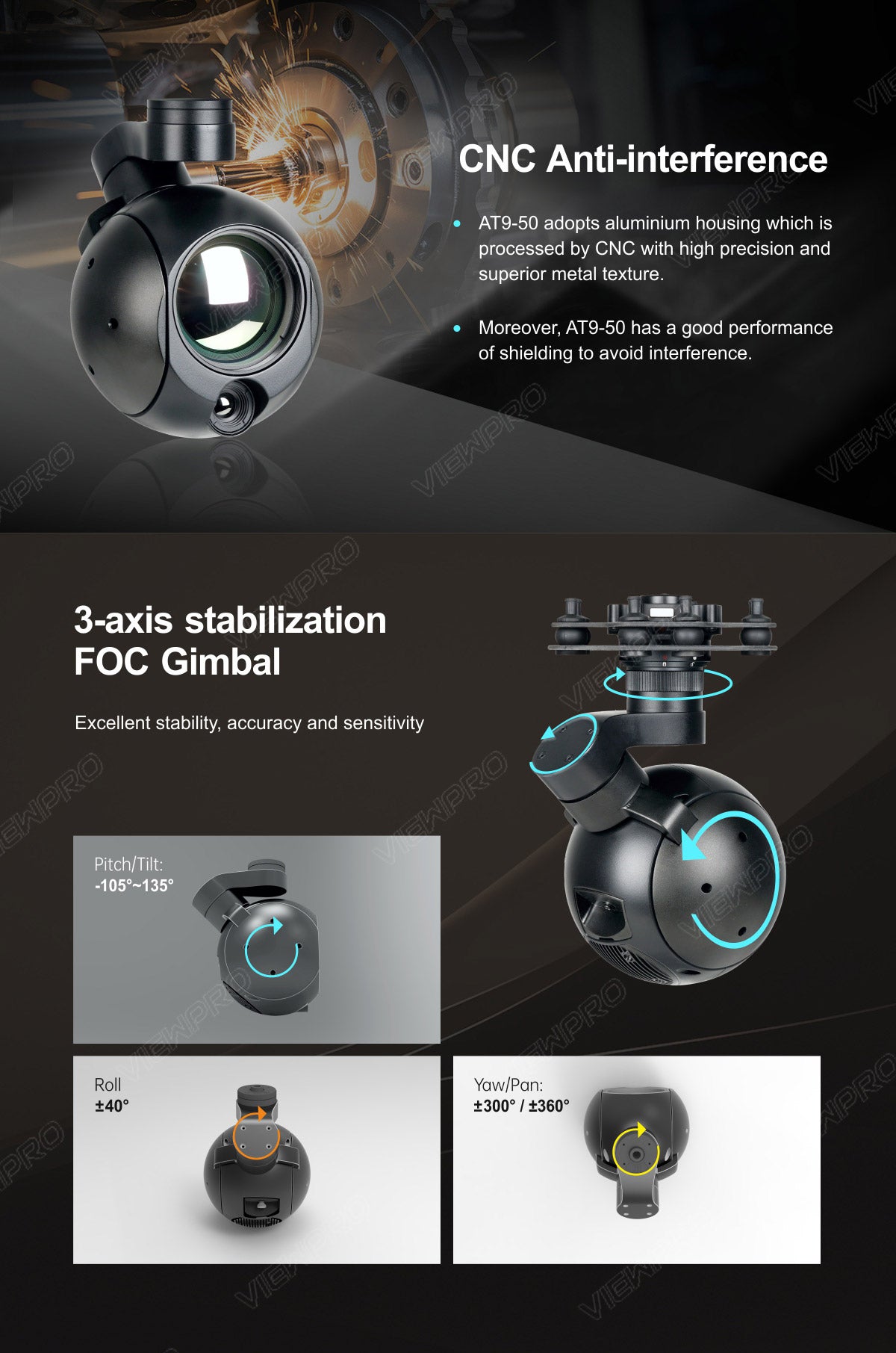 The ViewPro AT9-50 Dual Thermal Drone Gimbal features CNC precision, metal texture, and 3-axis stabilization for exceptional stability and accuracy.